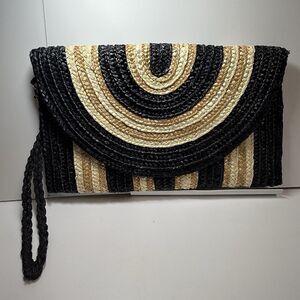 Mud Pie Black & Tan Stripe Large Envelope Straw Clutch Bag